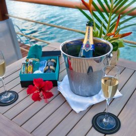 Close up Champagne setup and amenities Luxury Overwater Horizon villa terrace portrait x jpeg
